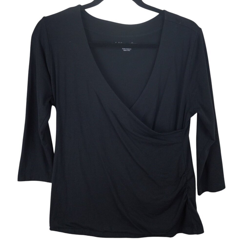 Soft Surroundings Womens Long Sleeve Petite M‎ Black Wrap Top Pima Cotton